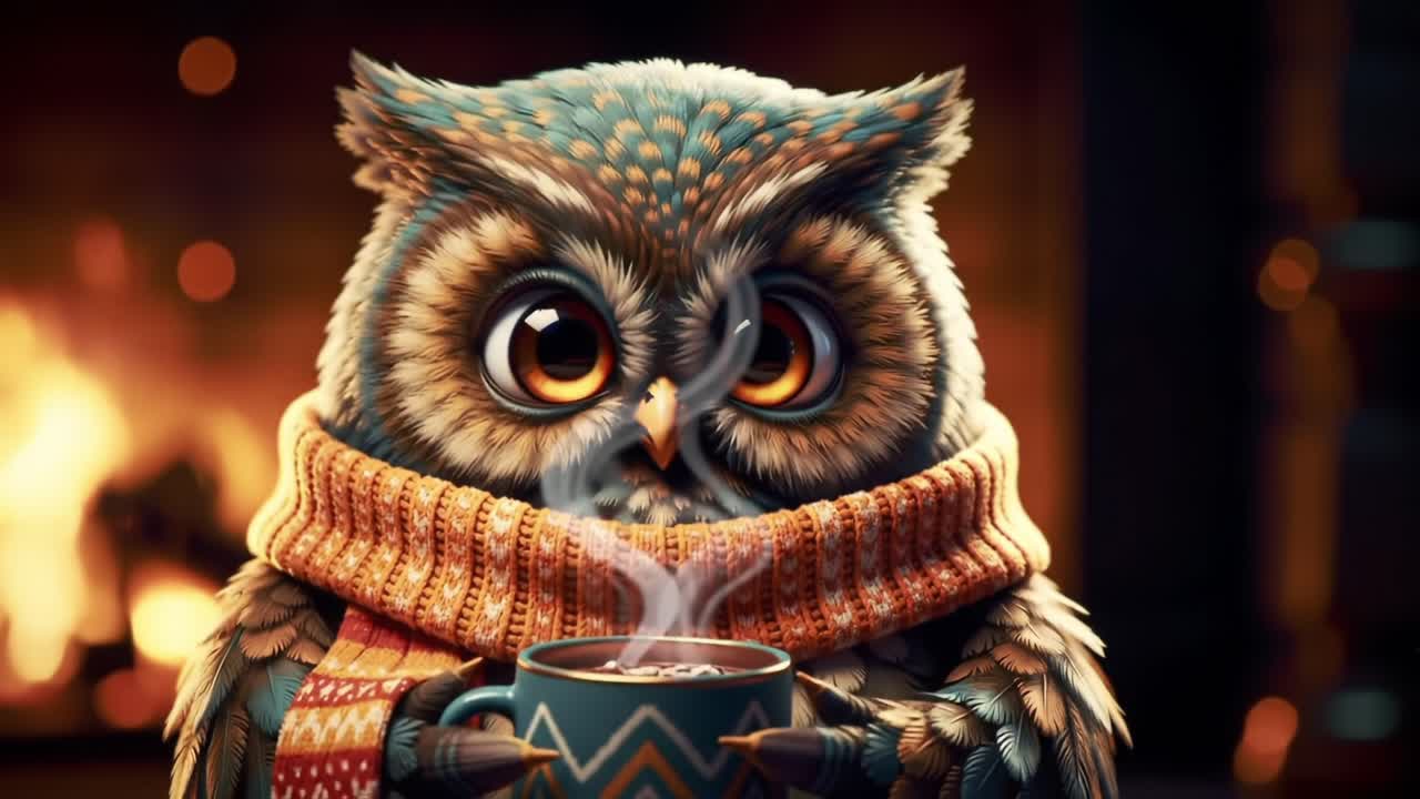 Charming Owl Enjoying Warm Beverage in Cozy Setting: A Delightful Scene Captured with an Endearing Expression and Snuggly Attire by the Hearth