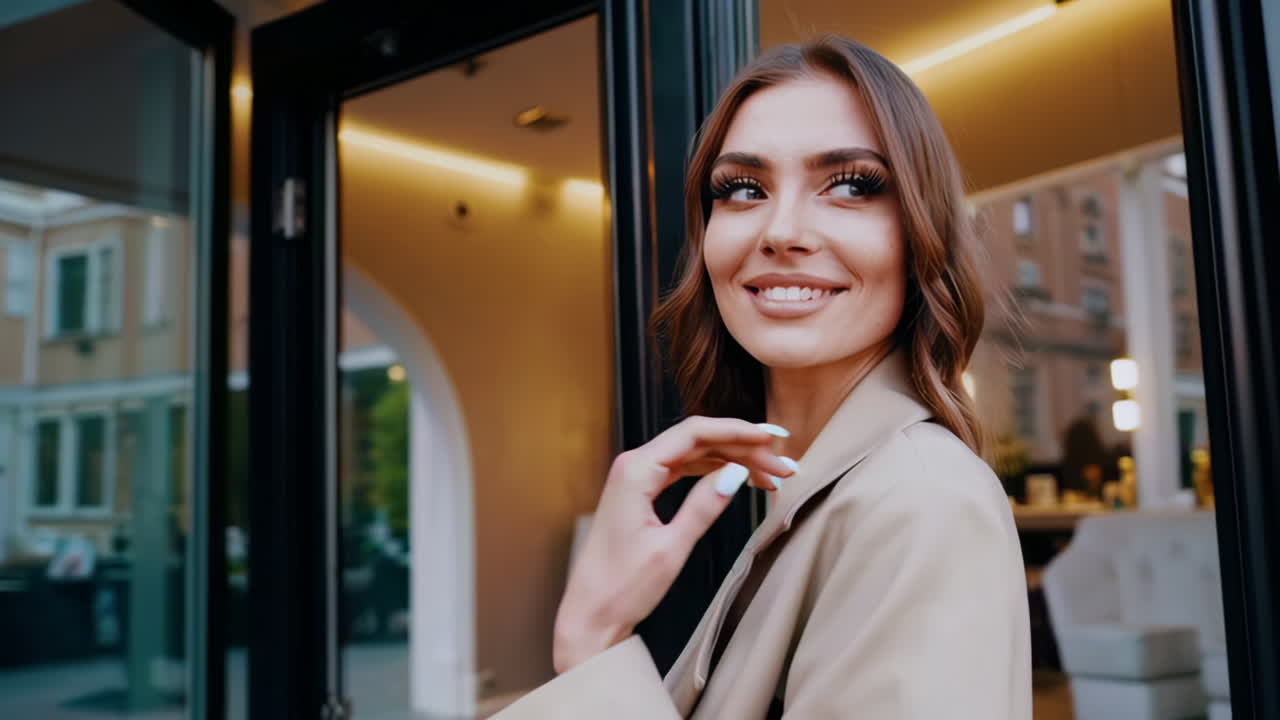 Woman exiting a cafe