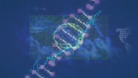 animation of dna strand over data processing and digital brain