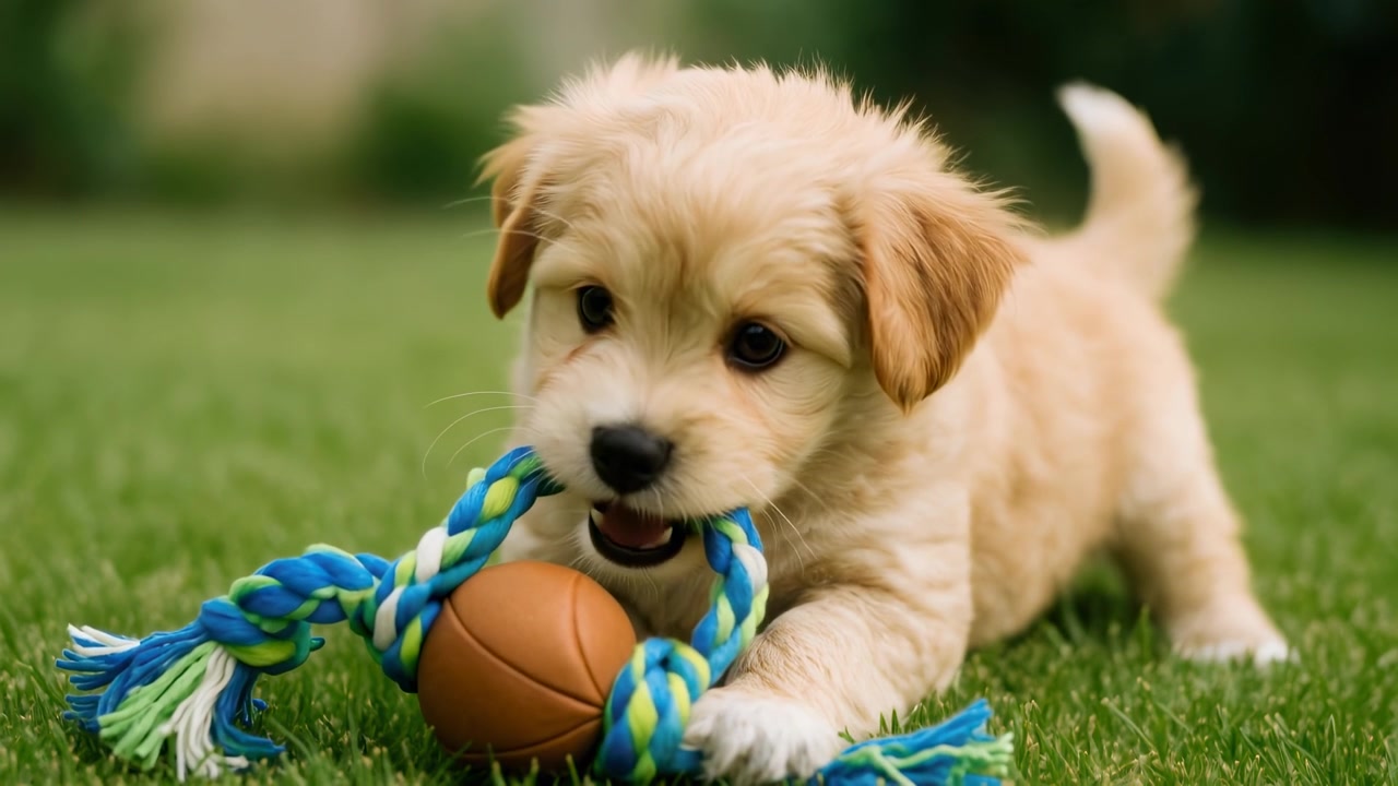 Cachorro adorable jugando con un juguete de cuerda sobre césped verde