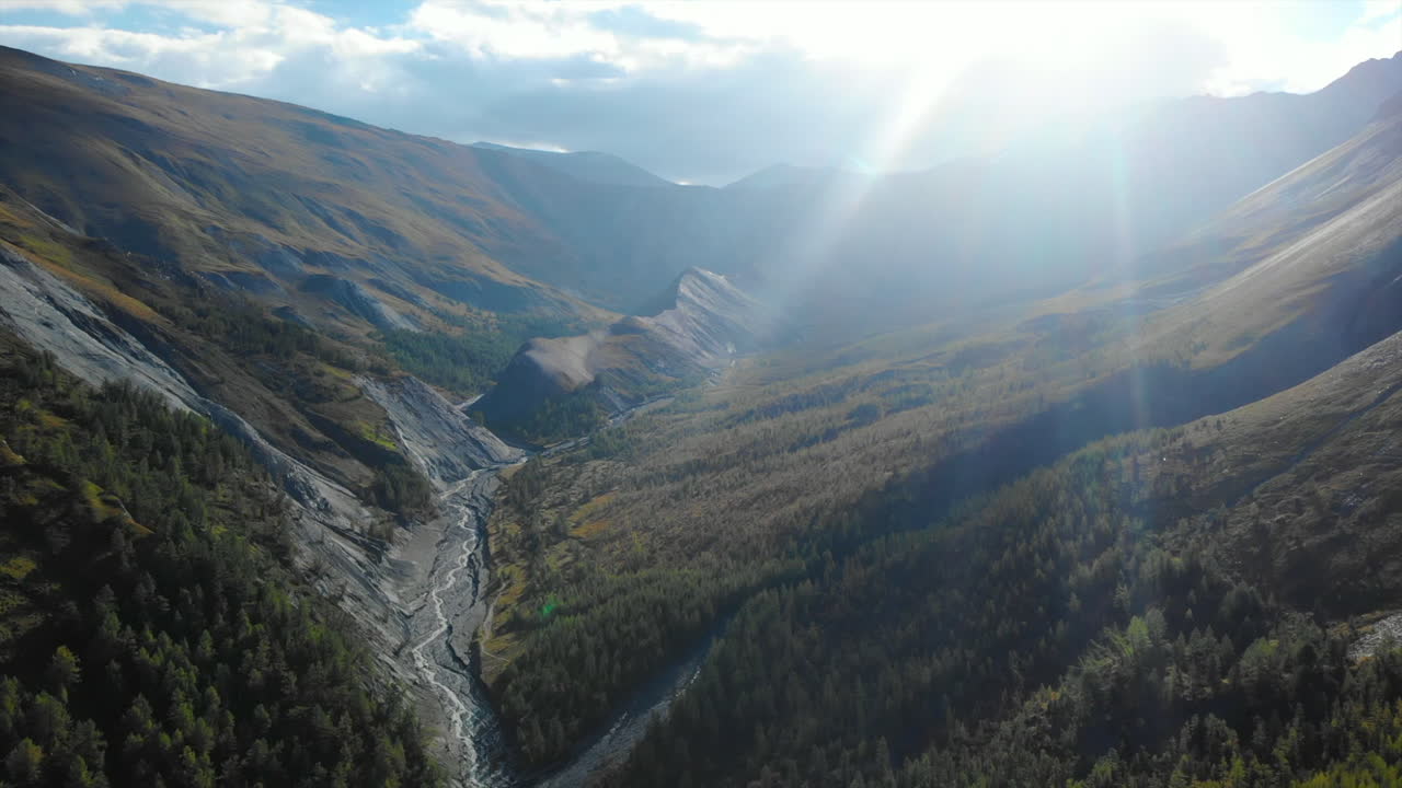 Majestic Mountain Valley with River and Forest on a Sunny Day
