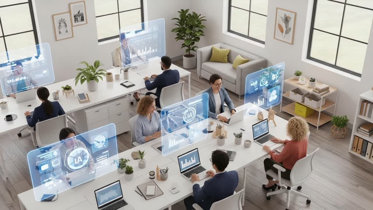 Modern Workspace with Professionals Collaborating in an Innovative Office Environment Surrounded by Digital Displays and Advanced Technology Interfaces