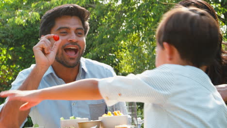 family eating outdoor meal in summer garden at home with father throwing tomato for son to catch