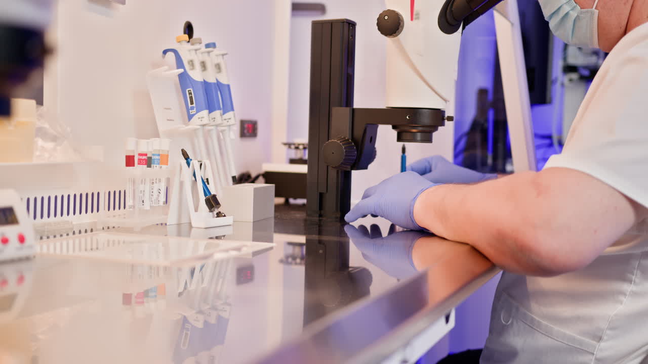 현미경과 페트리 접시를 가진 실험실에서 일하는 과학자