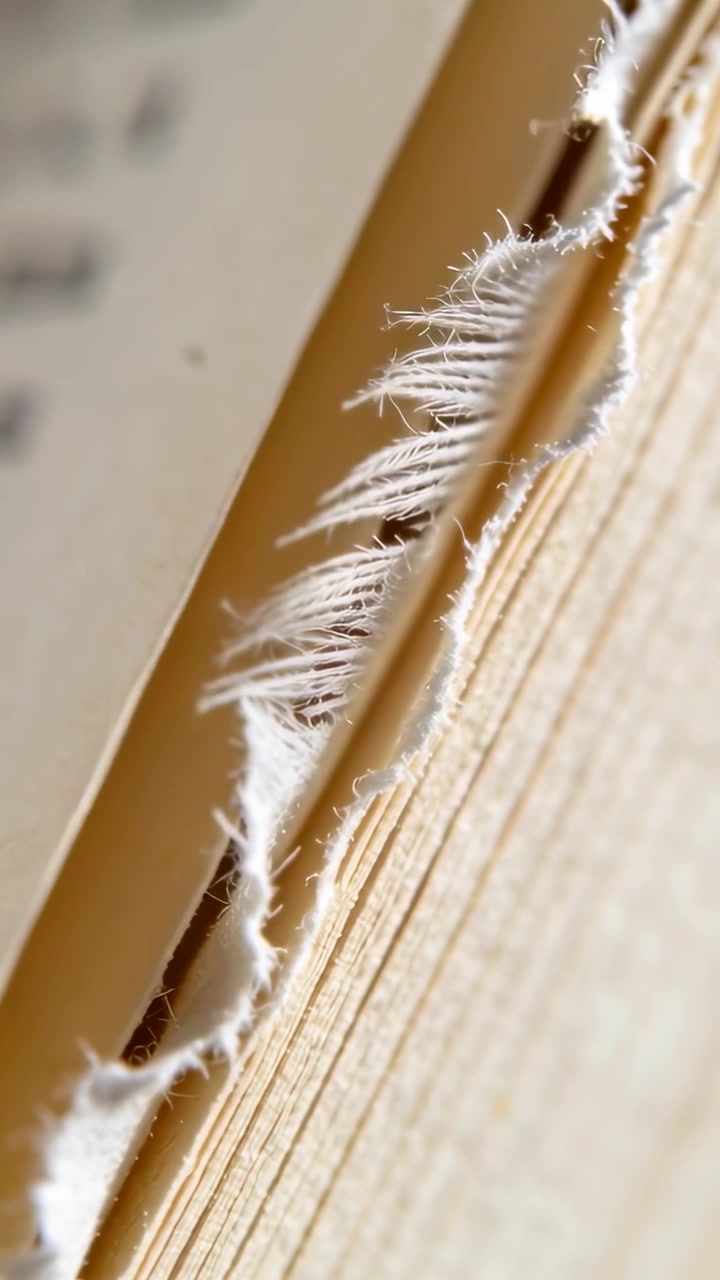 Video verticale: La telecamera si sposta rivelando le fibre sfilacciate del bordo di un libro su una scrivania calda per evidenziare la texture