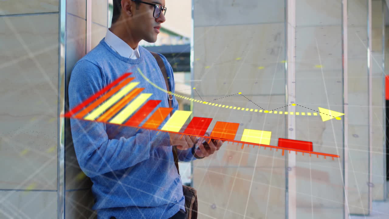 스마트폰을 사용하는 두 인종 남성에 대한 다이어그램과 함께 연결 네트워크의 애니메이션