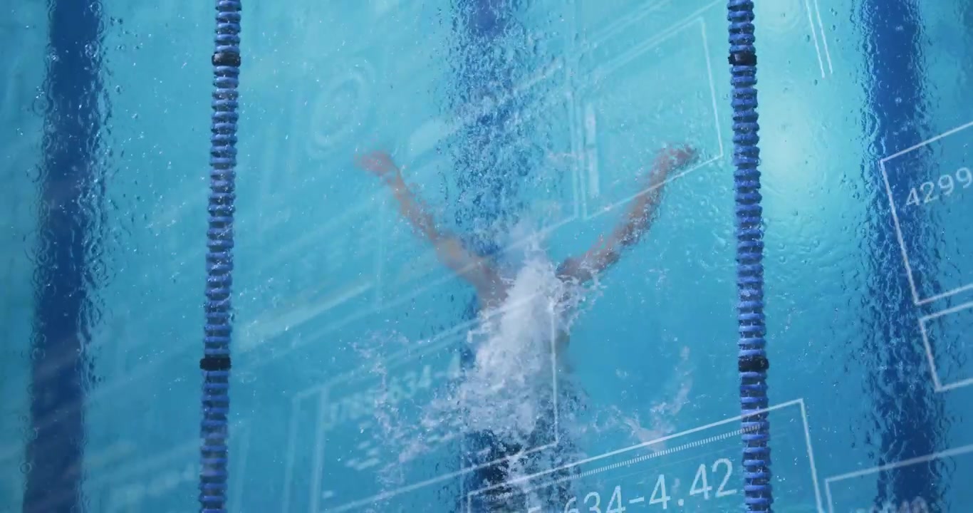 Swimmer pushing off wall performing butterfly stroke with data overlay analyzing motion for sports