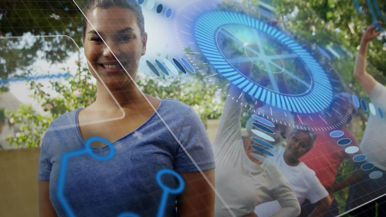 Woman smiling as seniors raising arms, HUD sweeping in overlaying group, highlighting fitness data