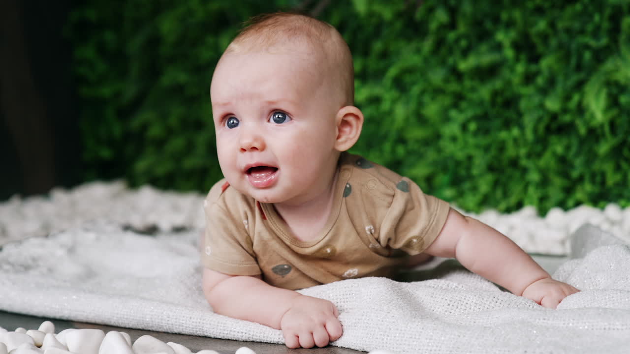 Cute grey-eyed Caucasian baby lying on the belly. Adorable child looking up with interest. Green blurred backdrop.