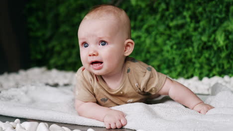 cute grey-eyed caucasian baby lying on the belly. adorable child looking up with interest. green blurred backdrop.