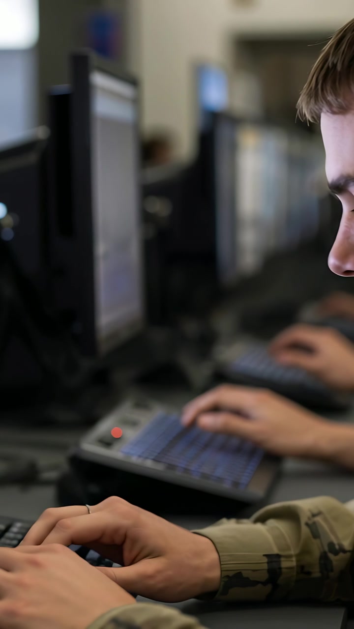 Video verticale: Studente adolescente con maglietta mimetica che digita sulla tastiera in aula informatica, spazio per il testo.