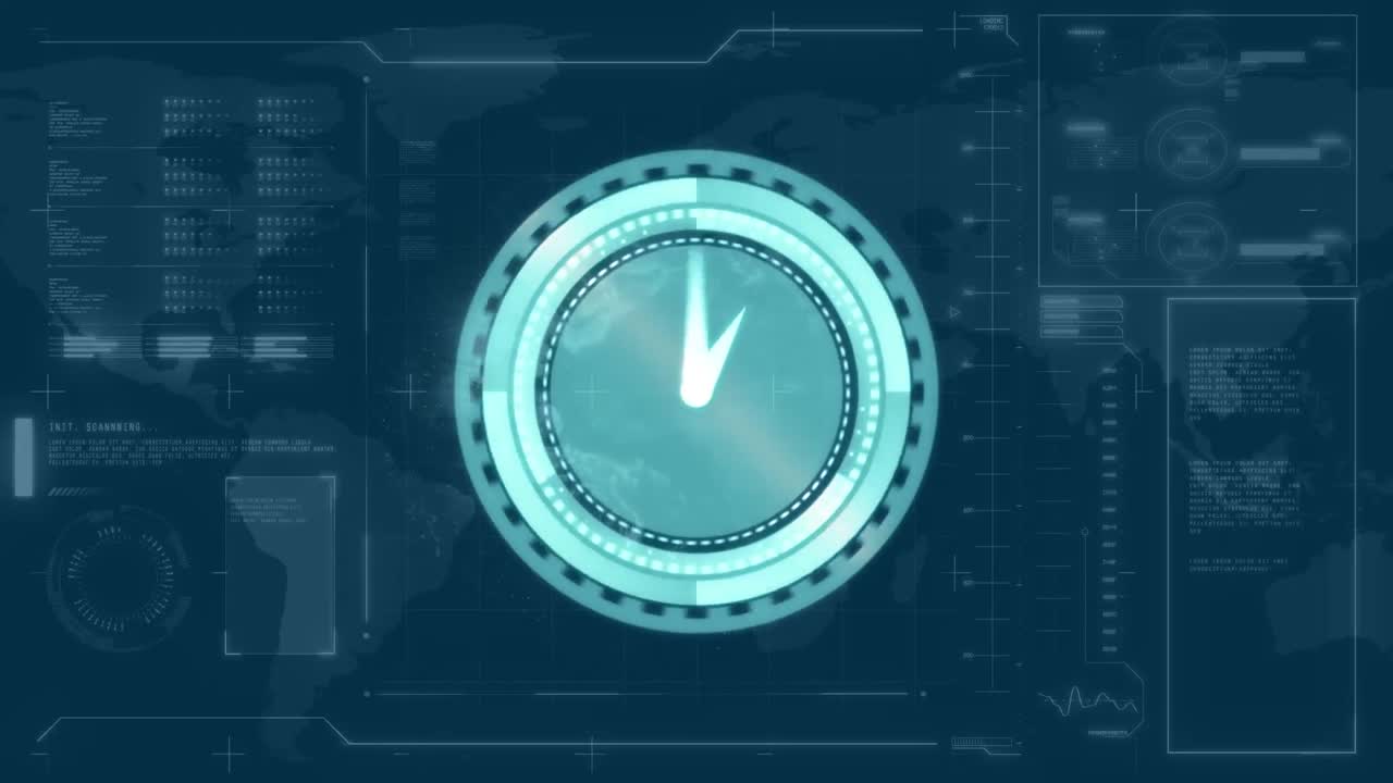 Animation of clock moving fast over globe with networks of connections and abstract shapes