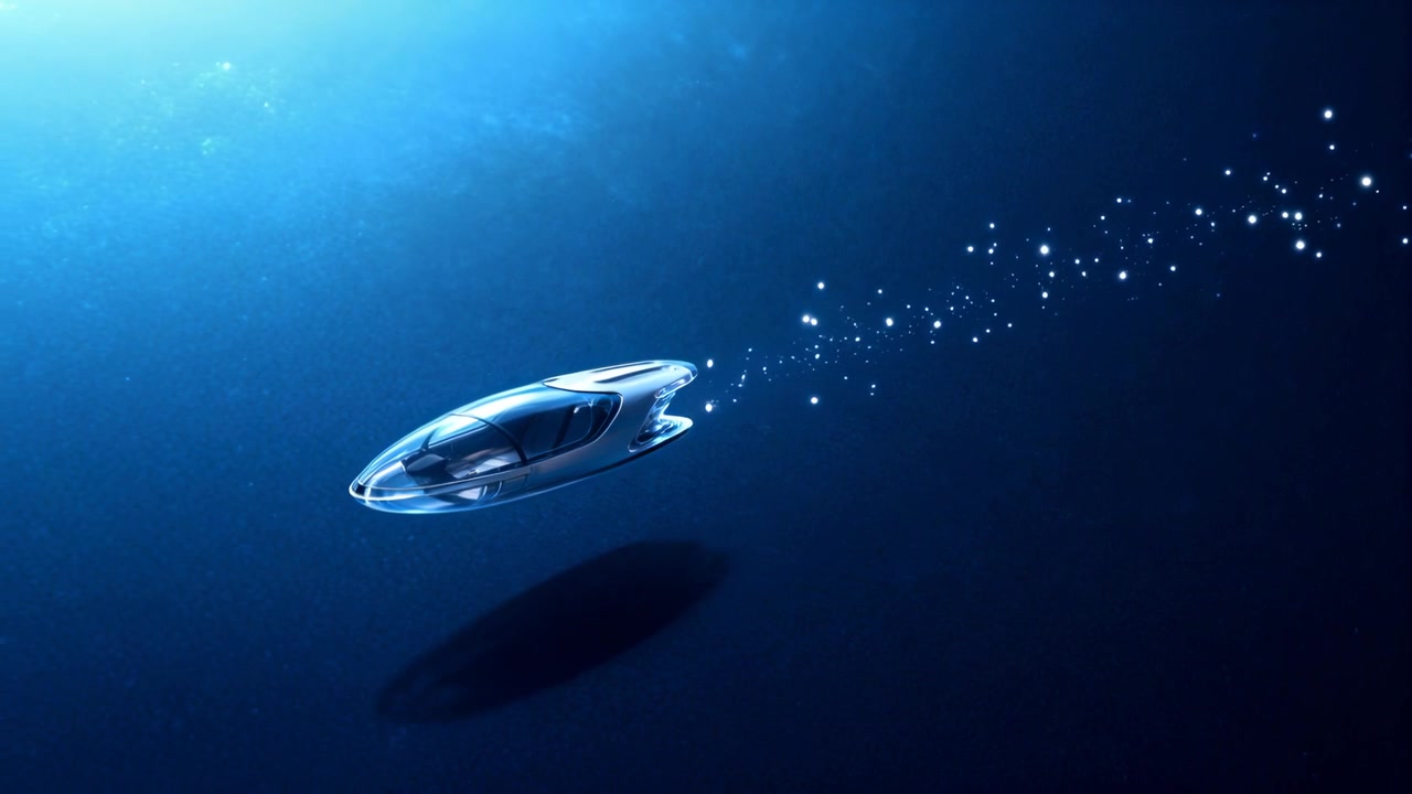 深海を滑空する流線型のカプセル。きらめく軌跡が左方向への移動を開始し、キャノピーと影が見える。