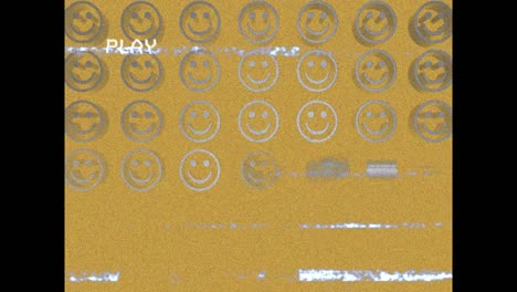 Digital-animation-of-vhs-glitch-effect-on-rows-of-multiple-smiling-face-emojis-on-yellow-background