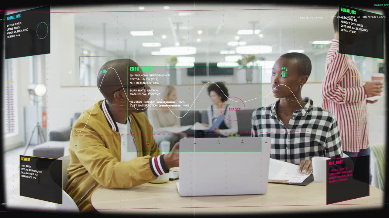Man gesturing at laptop triggers HUD showing finance graph, woman tapping notebook aligning plan