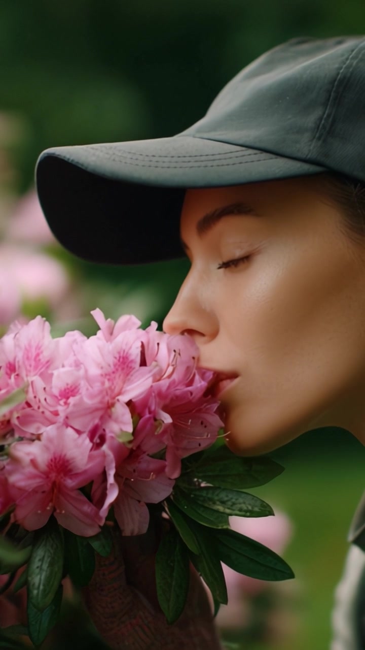 Seorang Wanita di Alam dengan Lembut Memeluk Bunga Azalea Merah Muda Cerah, Menangkap Esensi Musim Semi dalam Momen Koneksi Tenang dan Keindahan Damai
