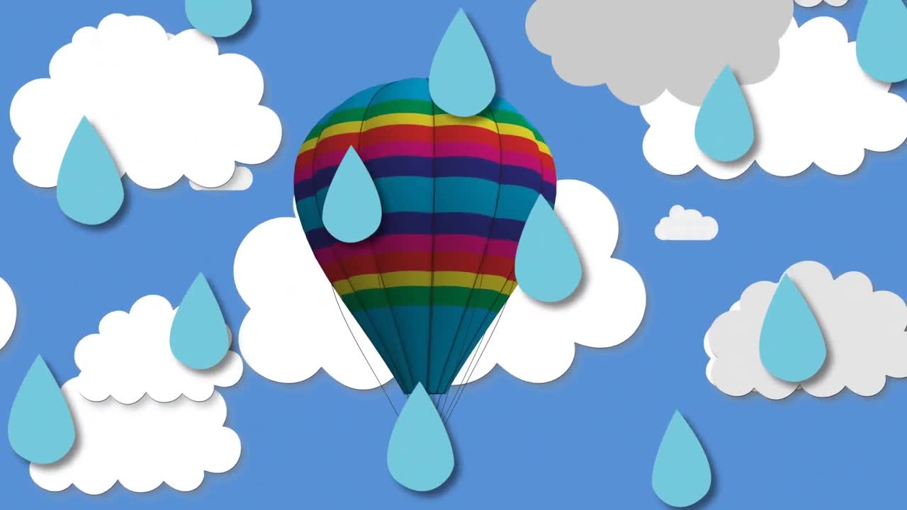animación de gotas de lluvia sobre un globo de colores arco iris sobre nubes sobre un fondo azul