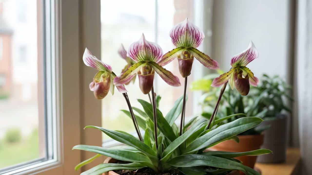Plantas de orquídea zapatilla en maceta floreciendo en el alféizar de una ventana