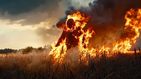 a man standing in a field of fire in the middle of a field