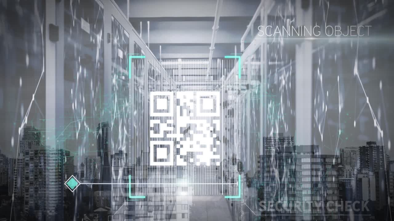 escáner de código qr sobre la sala de servidores contra el paisaje urbano