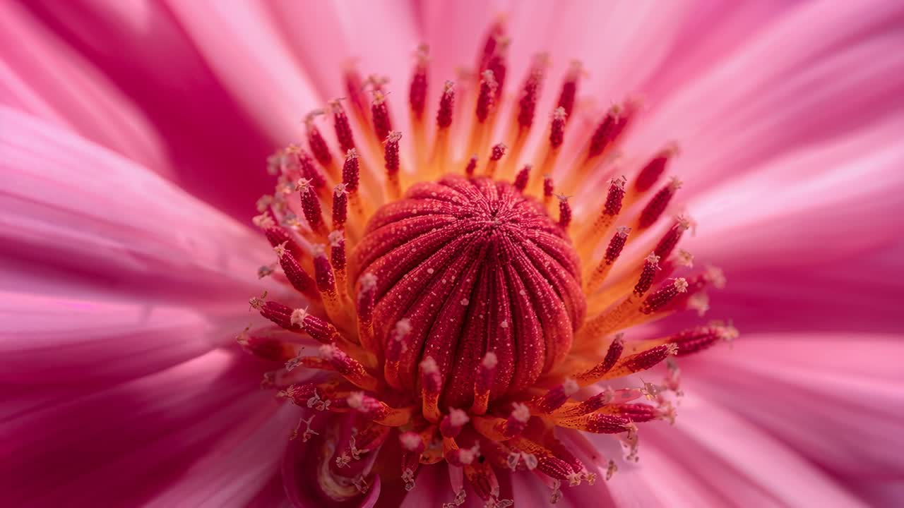 Telecamera che si allontana, mostrando un fiore composito rosa in un giardino, rivelando stigma e polline per i dettagli