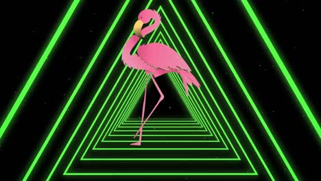 Animation-of-pink-flamingo-over-neon-triangles-on-black-background