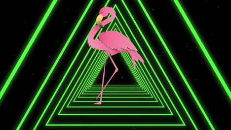 animation of pink flamingo over neon triangles on black background