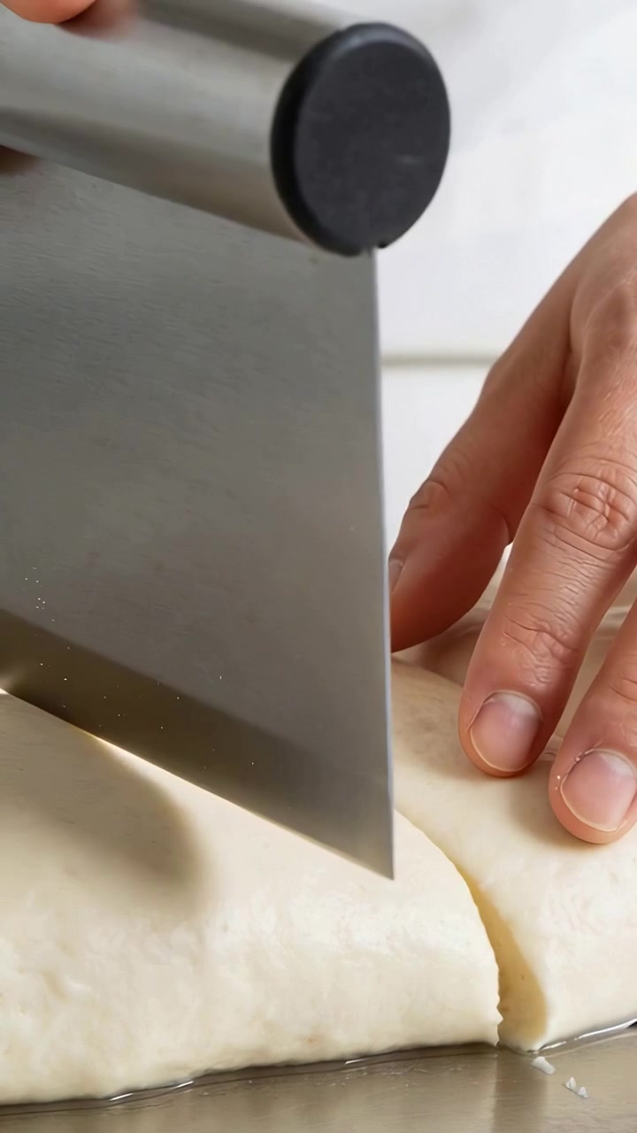 Vertical video: Lowering baker's hands portioning risen dough on oiled tray with bench scraper