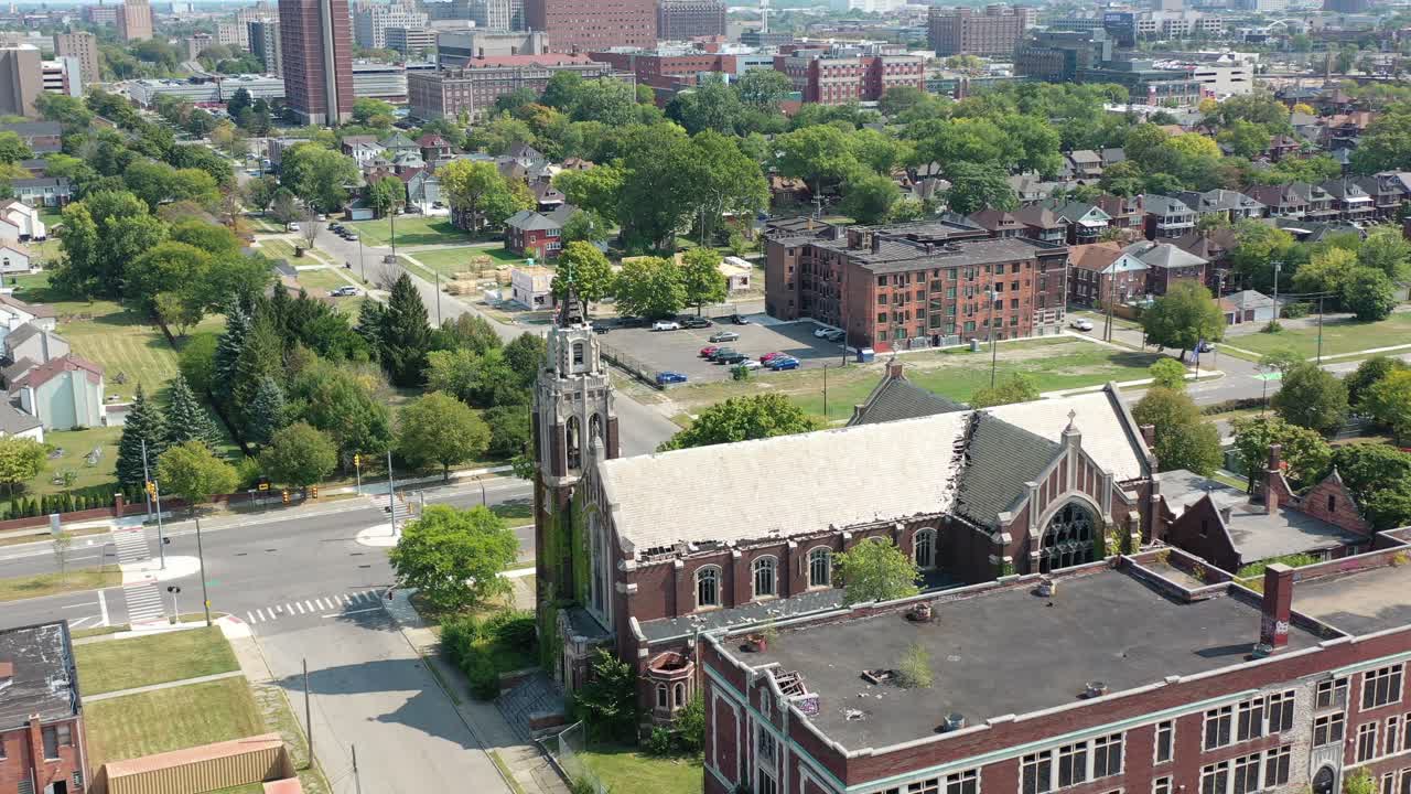 Aerial Flyover View of an Abandoned Church in Detroit Michigan