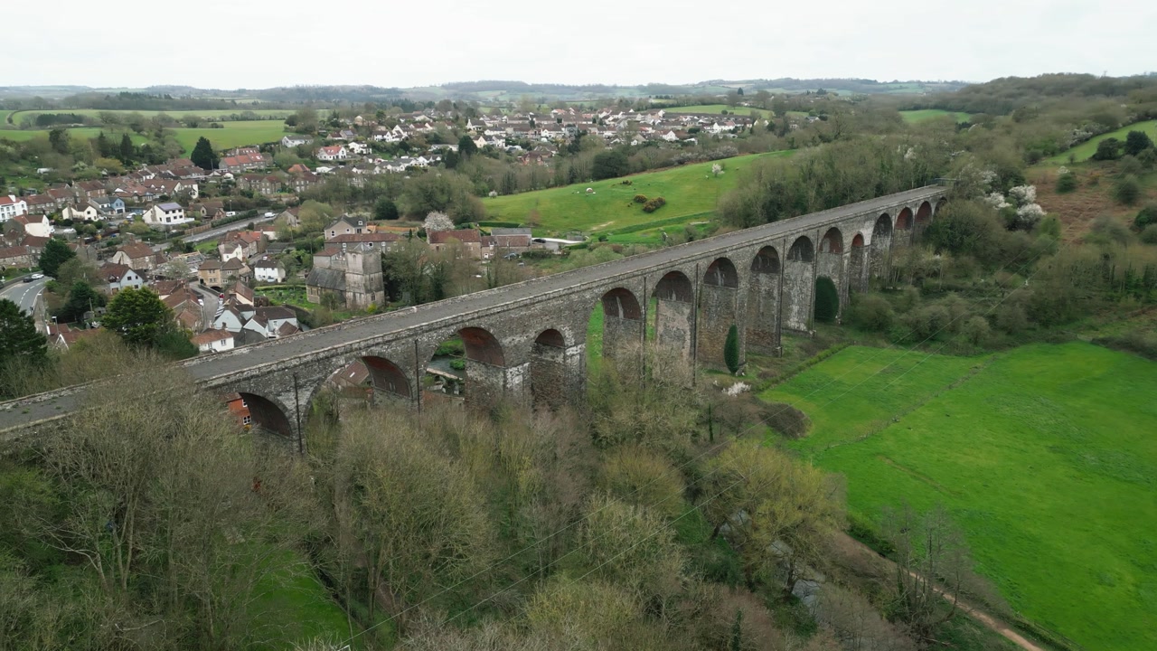 Rotating drone footage of Pensford Viaduct in Somerset, England