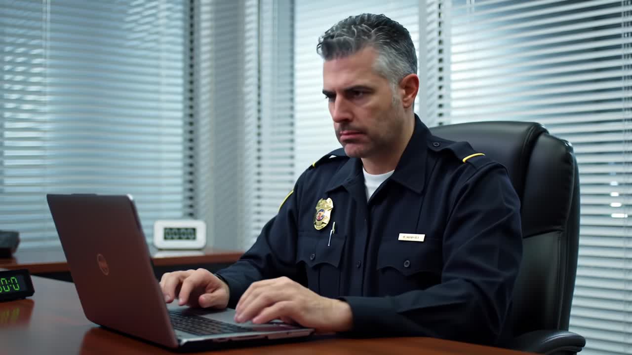 Focused Law Enforcement Officer Analyzing Data on Laptop in Modern Office Setting, Showcasing Commitment to Duty and Professionalism