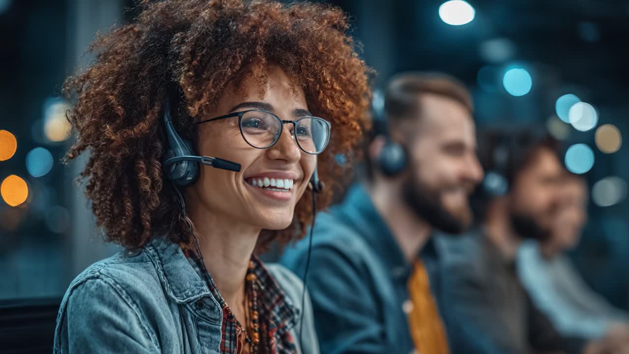 A Dedicated Call Center Agent Providing Exceptional Service with a Warm Smile Amidst a Team of Professionals in a Modern Work Environment