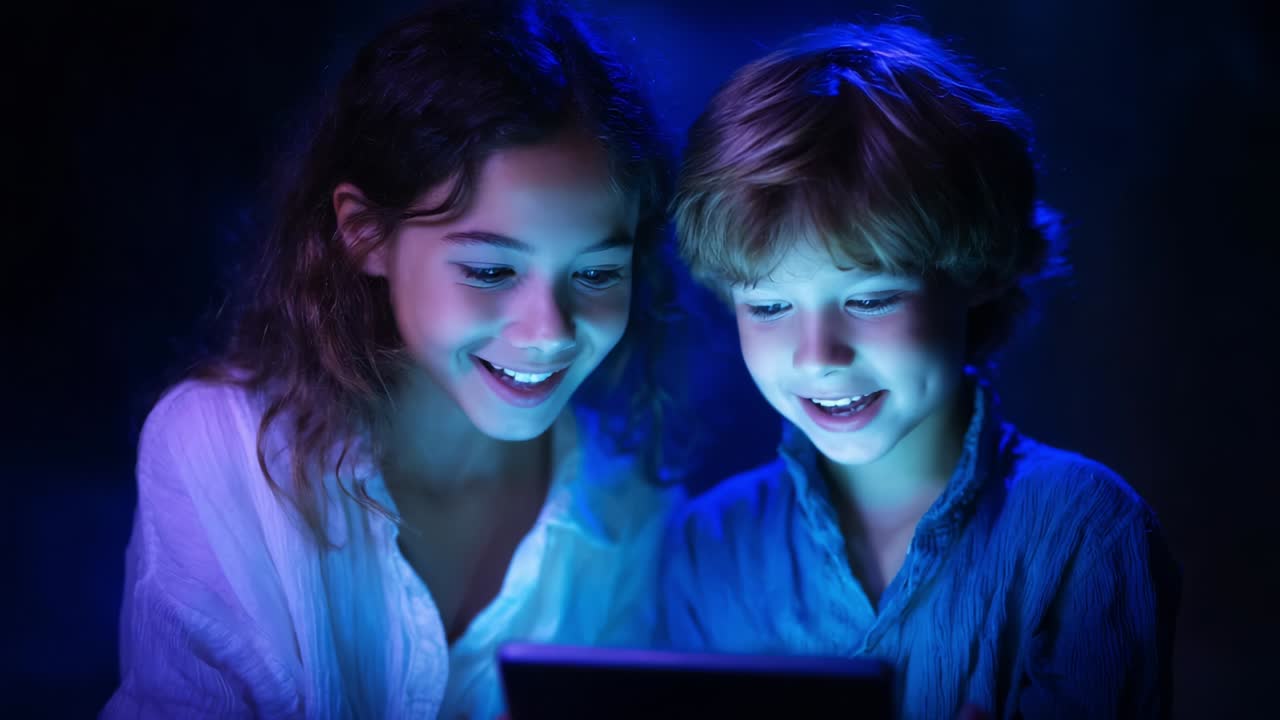 Two Children Engaged in a Joyful Moment, Illuminated by the Soft Glow of a Screen, Their Faces Radiating Wonder and Excitement as They Explore Together in This Enchanting Setting