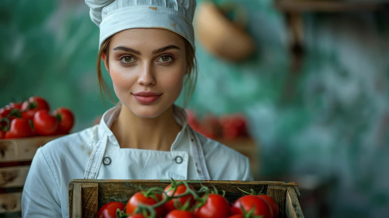 Chef with fresh tomatoes. A chef smiles while presenting a wooden crate filled with ripe tomatoes in a cozy, rustic kitchen