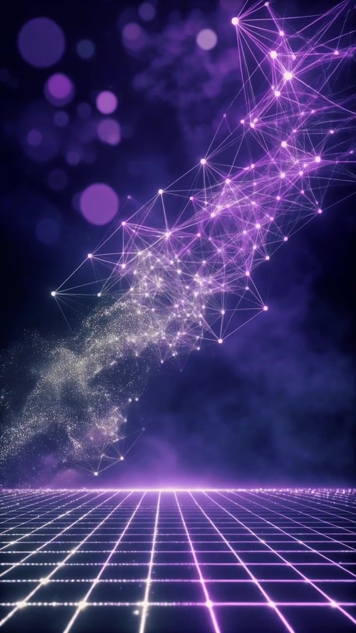 Connessione di rete digitale astratta con particelle viola luminose e griglia