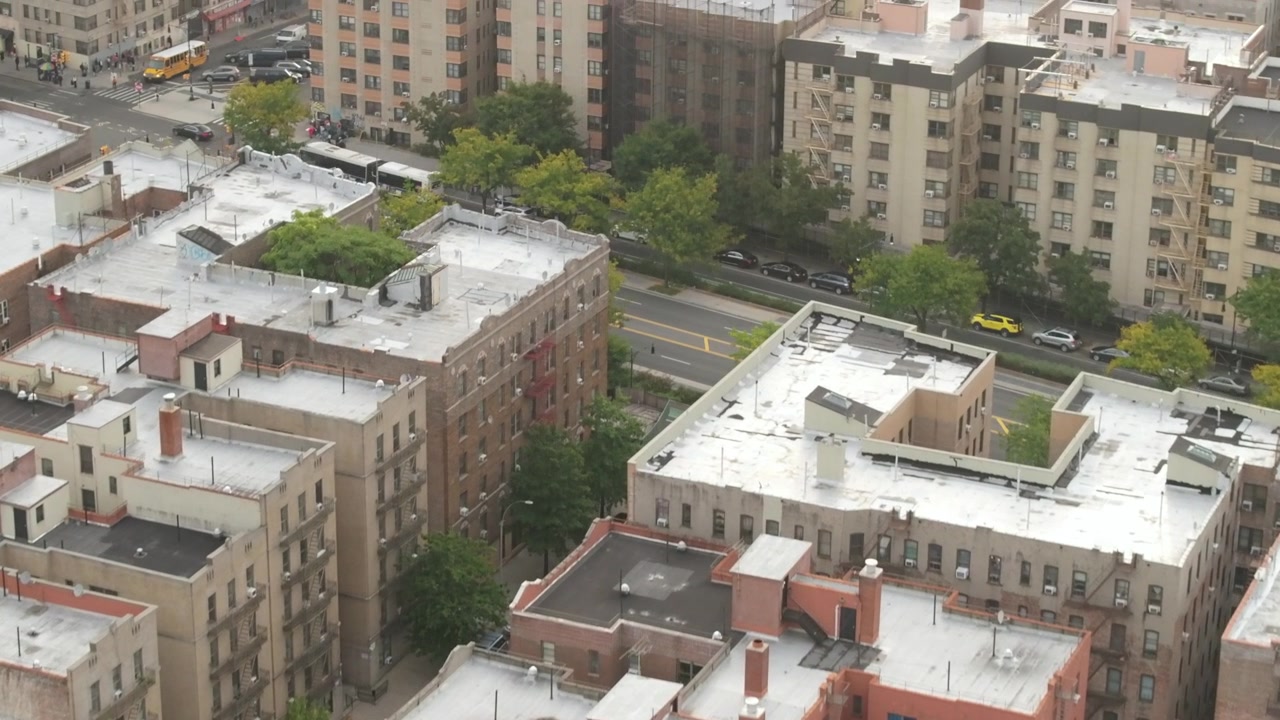 Aerial view of apartment buildings in The Bronx. Shot on a summer morning in New York City.