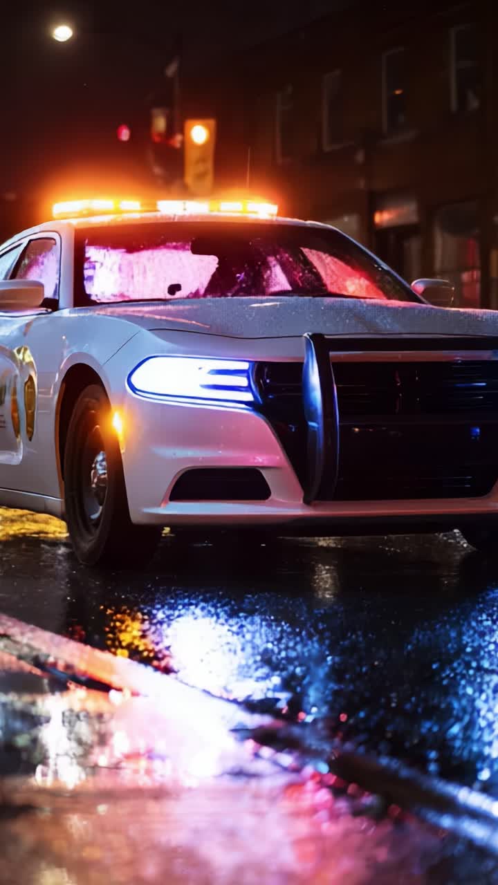 Auto della polizia illuminata in un ambiente notturno piovoso, che mostra riflessi vividi sul pavimento bagnato, evidenziando la risposta alle emergenze e le dinamiche di sicurezza urbana
