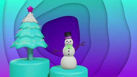 árbol de navidad y hombre de nieve ondeando en el podio giratorio sobre fondo azul y púrpura