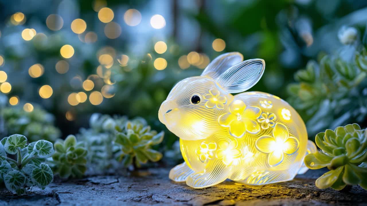 Ein bezauberndes Deko-Glashäschen mit beleuchteten Blumen, festgehalten in zwei atemberaubenden Bildern, das magische Vibes und eine verträumte Atmosphäre in einer üppigen Umgebung zeigt