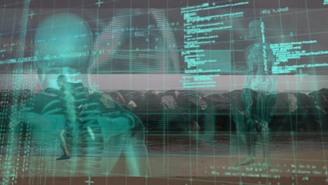 animation of data processing and dna strand with human model over caucasian man running