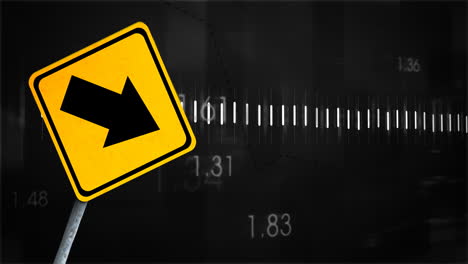 animation of financial data processing and road sign over black background