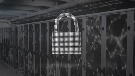 animación de iconos de nube y candado con red de conexiones a través de la sala del servidor