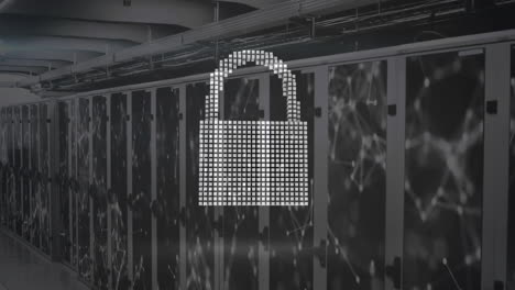 animation of cloud and padlock icons with network of connections over server room