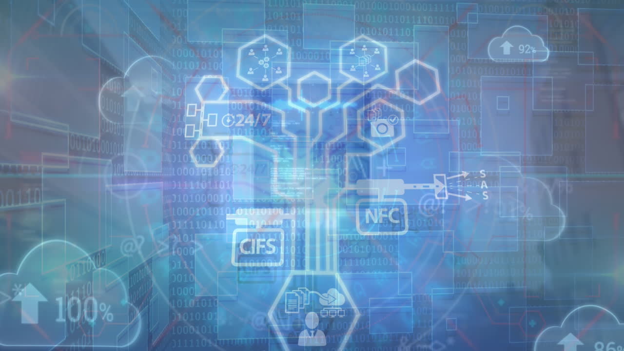 animación del escaneo de alcance y el procesamiento de datos de iconos de nube a través de una placa de circuitos informáticos.
