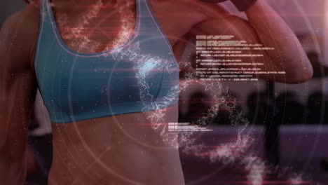 animación de la hilera de adn y procesamiento de datos sobre una mujer fuerte haciendo ejercicio