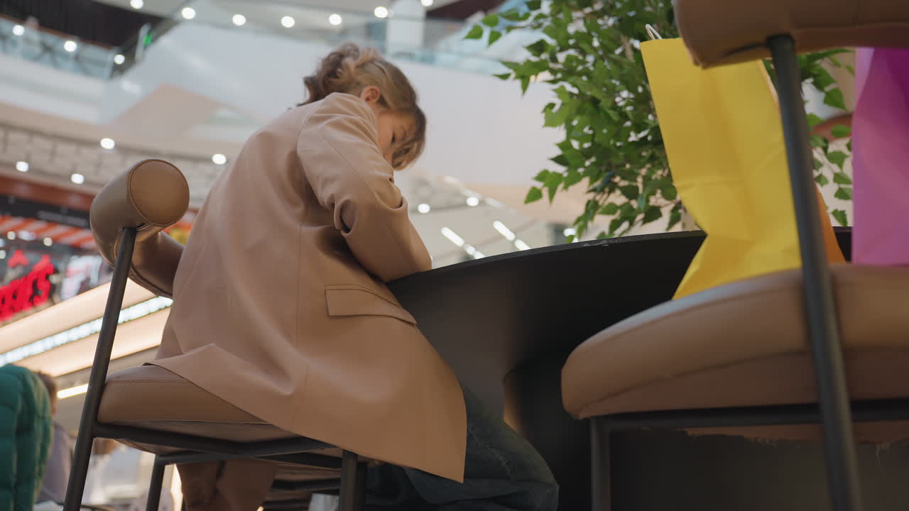 젊은 여성이 글을 쓰고 있어요. 백인 여성은 소매점 카페에서 노트북으로 열심히 작업하고 있고, 젊은 여성 작가는 쇼핑몰 조명과 쇼핑 환경 속에서 부지런히 기사를 쓰고 있습니다.