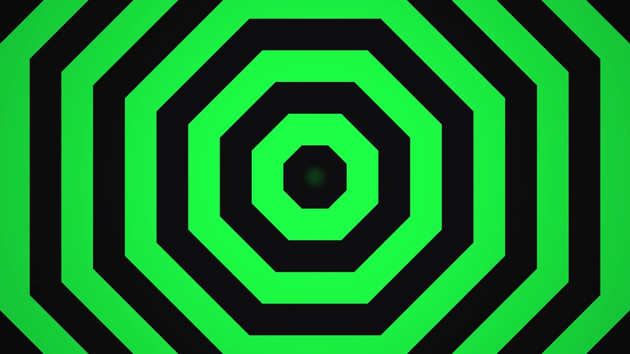 Forme verde brillante creano cerchi concentrici multipli con contorni neri. Il design mostra movimento e profondità in uno stile vibrante. Quest'opera può essere utilizzata per sfondi o contenuti video.