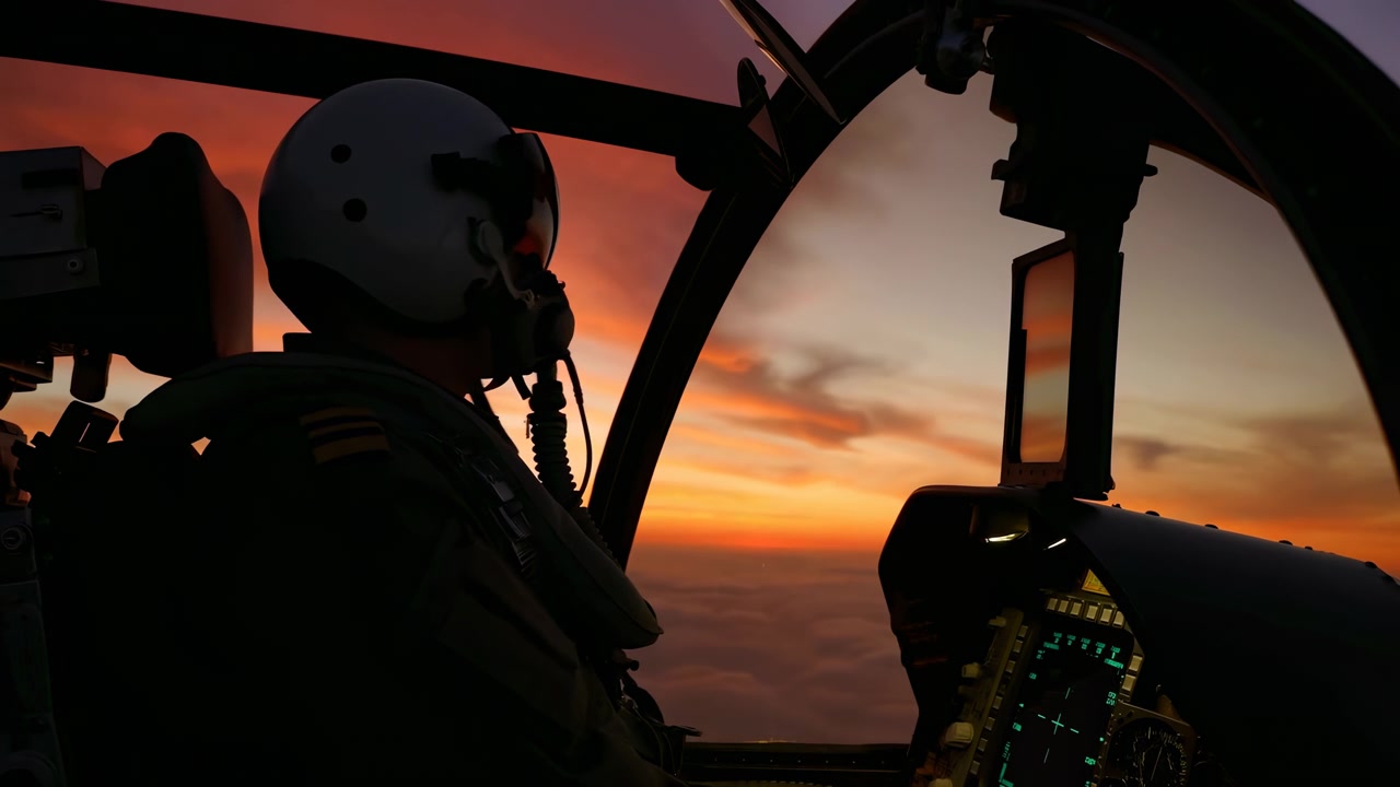 Calda luce del tramonto filtra attraverso i finestrini dell'aereo mentre una figura seduta con casco rimane in silhouette accanto a pannelli strumenti luminosi, incorniciata da scuri supporti strutturali