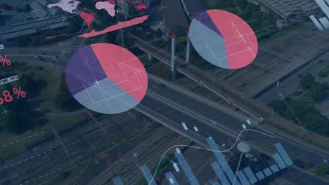 animation of statistical data processing over grid network against aerial view of city traffic