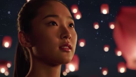 a reflective moment under the night sky: a close-up of a young woman gazing at floating lanterns illuminating the stars above in a magical evening setting